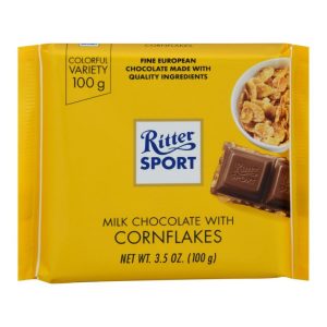 Ritter Sport Milk Chocolate Bar with Corn Flakes Bar.  Free of artificial flavorings.