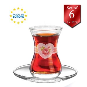 LAV Authentic Turkish Tea Glasses with Saucers 12 Pcs  Traditional Clear Teacups and Plates Set of 6  4.5 Oz