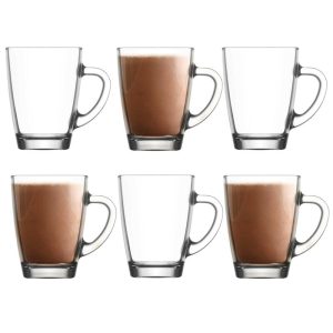 6x Glass Coffee Mugs. Tea Coffee Cups with Handle. Glass Mug. (300 Ml)